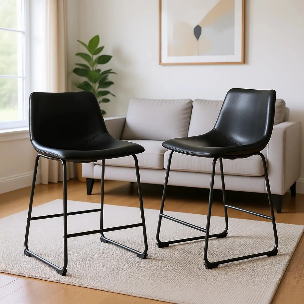 Home Bar Stools - Conjunto de Banquetas Pretas de Couro